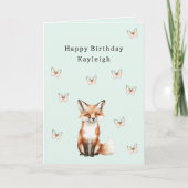 Mint Cute Happy Fox Butterflies Birthday Karte (Vorderseite)