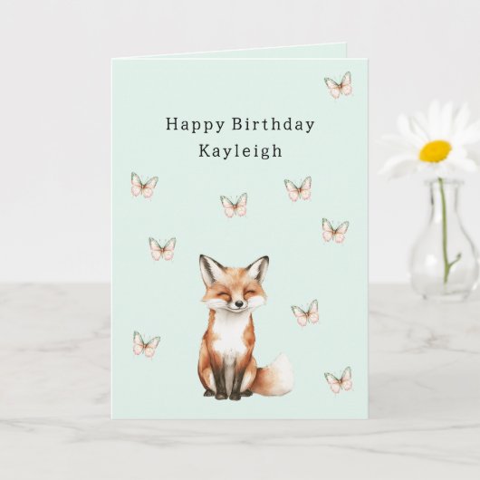 Mint Cute Happy Fox Butterflies Birthday Karte (Kleine Pflanze)