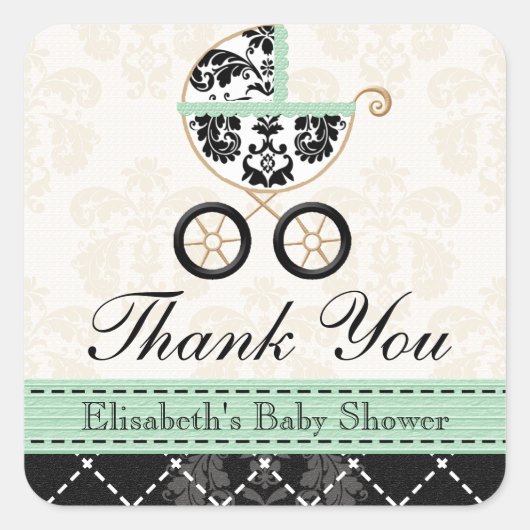 MINT DAMASK BABY CARRIAGE DANKE QUADRATISCHER AUFKLEBER (Vorderseite)