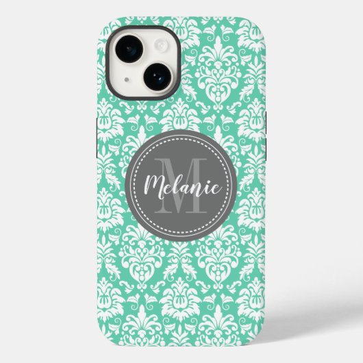 Mint Damask Gray Monogram Name Case-Mate iPhone Hülle (Rückseite)