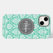 Mint Damask Gray Monogram Name Case-Mate iPhone Hülle (Rückseite (Horizontal))