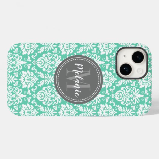 Mint Damask Gray Monogram Name Case-Mate iPhone Hülle (Rückseite (Horizontal))