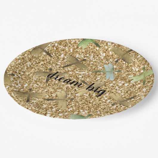 Mint Dragonflies Gold Glam Glitzer Traum Pappteller (Schrägansicht)