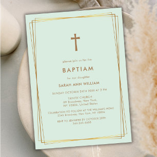 Mint Elegant Gold Typografie Cross Frame Taufe Einladung