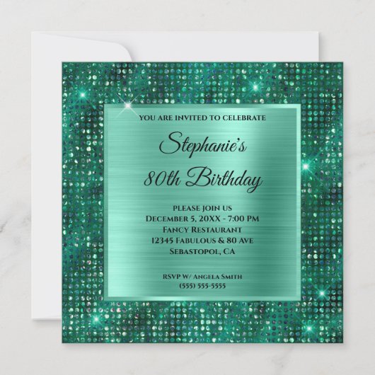 Mint Emerald Diamond Studded Foil 80. Geburtstag Einladung (Vorderseite)
