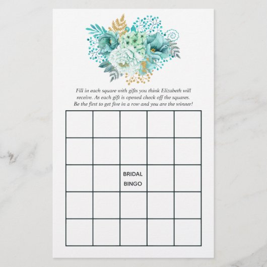 Mint Floral Brautparty Tee Party Bingo (Vorderseite)