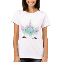 Mint Floral Unicorn Face T - Shirt