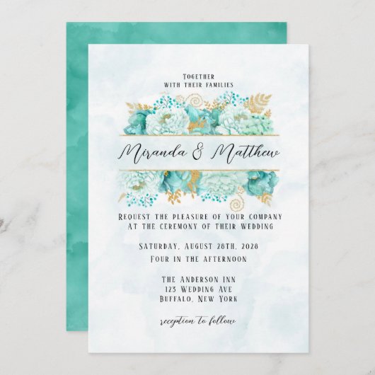 Mint Florals und Gold Foliage Wedding Einladung (Vorne/Hinten)