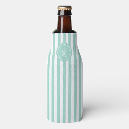 Mint French Beach Stripe Personalisiert Monogram Flaschenkühler (Flaschenvorderseite)