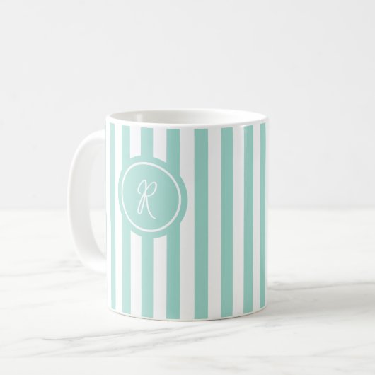 Mint French Beach Stripe Personalisiert Monogram Kaffeetasse (Vorderseite Links)