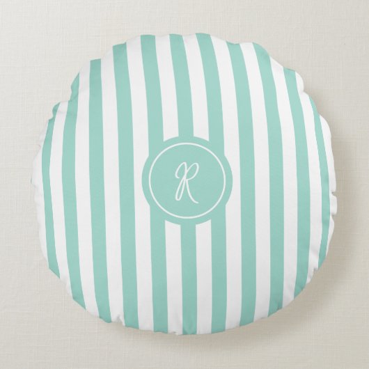 Mint French Beach Stripe Personalisiert Monogram Rundes Kissen (Vorderseite)