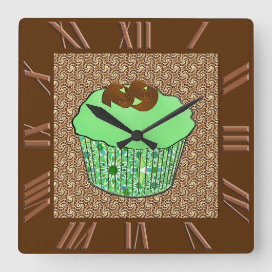 Mint Frosted Chocolate Cupcake, Fractal Background Quadratische Wanduhr (Vorderseite)