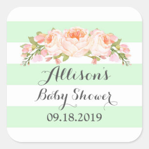 Mint gestreifte rosa Wasserfarbe Blumen Baby Showe Quadratischer Aufkleber