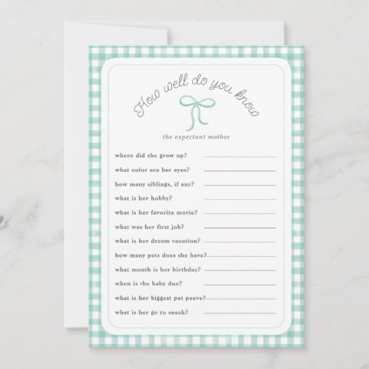Mint Gingham Wie gut kennen Sie Dusche Game Einladung (Vorderseite)