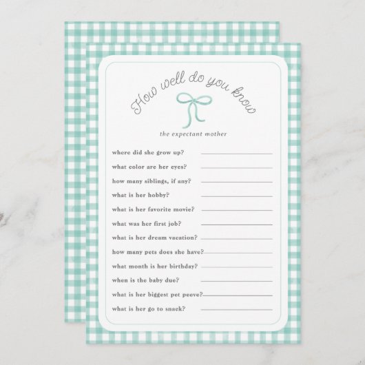 Mint Gingham Wie gut kennen Sie Dusche Game Einladung (Vorne/Hinten)