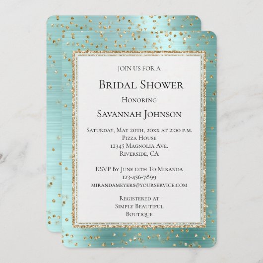 Mint Glam Gold Sparkle Confetti Brautparty Einladung (Vorne/Hinten)