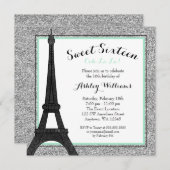 Mint Glam Paris Themed Imitats Glitzer Sweet 16 Einladung (Vorne/Hinten)