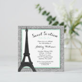 Mint Glam Paris Themed Imitats Glitzer Sweet 16 Einladung (Stehend Vorderseite)