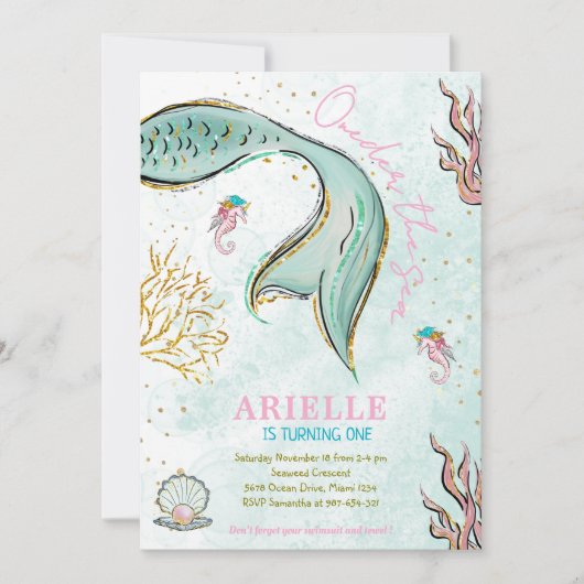 Mint Glitzer Mermaid Schwanz über das Meer Einladu Einladung (Vorderseite)