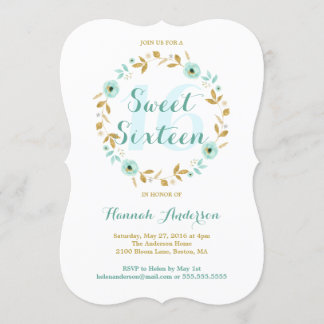 Mint Gold Blume Wreath 16 . Geburtstag Einladung