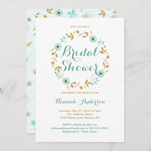 Mint Gold Blume Wreath Bridal Dusche Einladung (Vorne/Hinten)