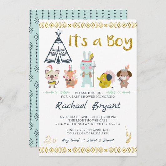 Mint Gold Boho Animals Es ist eine Baby-Dusche Einladung (Vorne/Hinten)