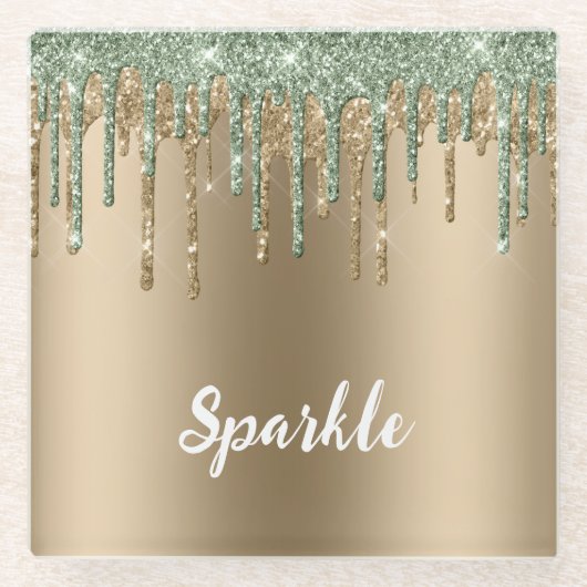 Mint Gold Bronze Glitter Tropfen Glasuntersetzer (Vorderseite)