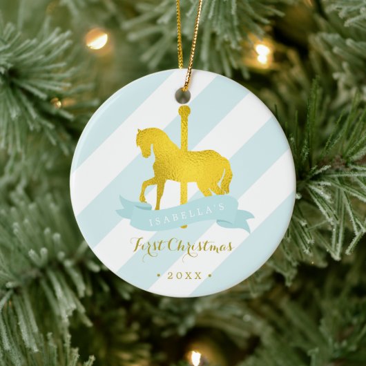 Mint & Gold Carousel Pferd Baby's First Christmas Keramik Ornament (Baum)