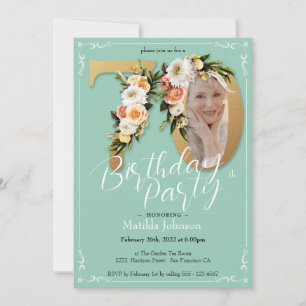 Mint Gold Custom Foto Floral Boho 70. Geburtstag Einladung
