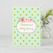 Mint Gold Dots Aquarell Floral Baby Dusche Einladung (Stehend Vorderseite)