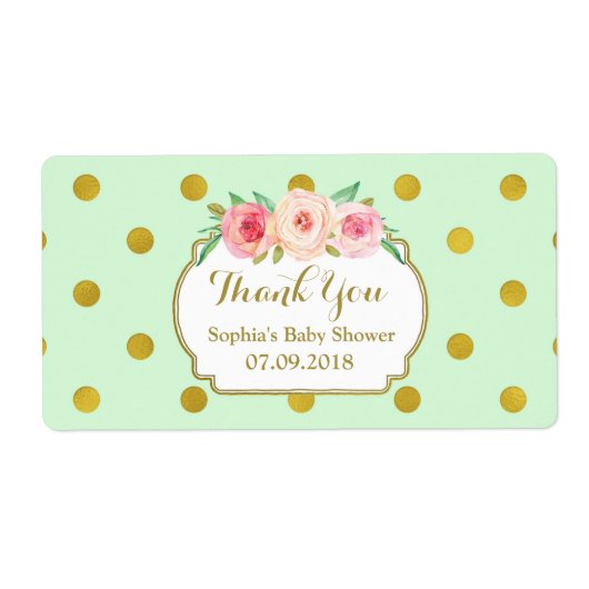 Mint Gold Dots Floral Baby Dusche Labels (Vorne)