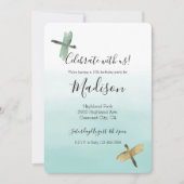 Mint Gold Dragonflies Ombre Wassercolor Einladung (Vorderseite)