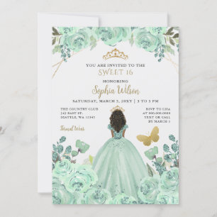 Mint Gold Floral Princess Butterfly Sweet 16 Einladung