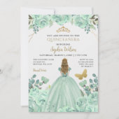 Mint Gold Floral Prinzessin Quinceañera Quince Einladung (Vorderseite)