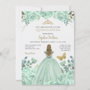 Mint Gold Floral Prinzessin Quinceañera Quince Einladung