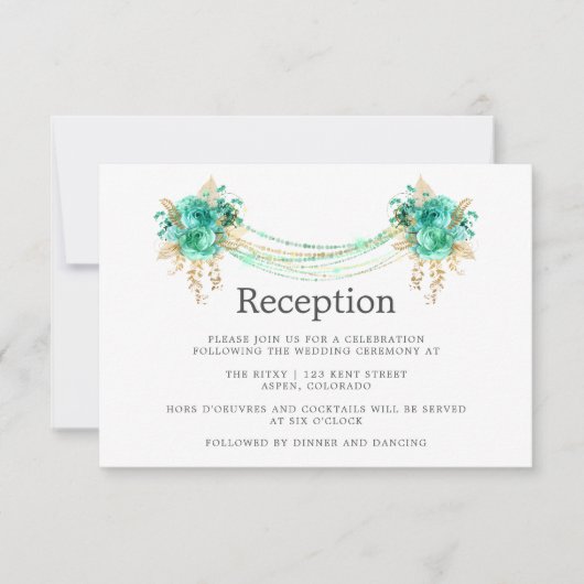 Mint & Gold Floral String Lights Hochzeitsempfang Einladung (Vorderseite)