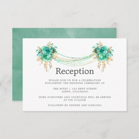 Mint & Gold Floral String Lights Hochzeitsempfang Einladung (Vorne/Hinten)