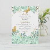 Mint Gold Floral Tiara Butterfly Sweet 16 Einladung (Stehend Vorderseite)