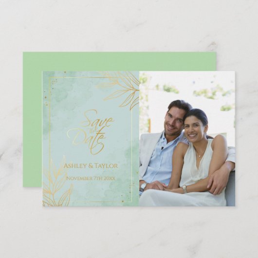 Mint & Gold Floral Wedding Save The Date (Vorne/Hinten)