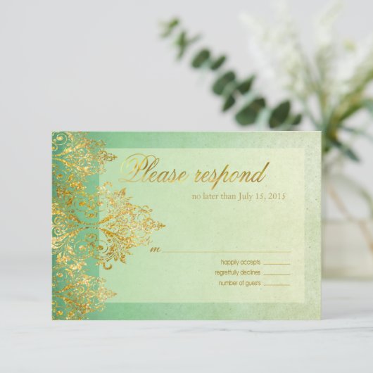 Mint & Gold Gatsby Glitzer Blüht UAWG RSVP Karte (Stehend Vorderseite)