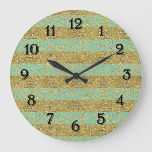 Mint Gold Glitterie Streifen Große Wanduhr