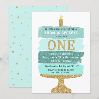 Mint & Gold Glitzer Cake 1. Geburtstag Einladungen