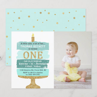 Mint & Gold Glitzer Cake Foto 1. Geburtstag Einladung