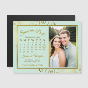 Mint & Gold Kalender & Foto Speichern Sie das Date Magneteinladung
