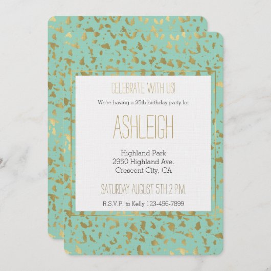 Mint Gold Leopard Tiergeburt Einladung (Vorne/Hinten)