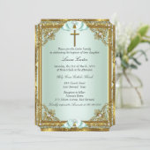 Mint Gold Pearl Damask Cross Taufen Christening 2 Einladung (Stehend Vorderseite)