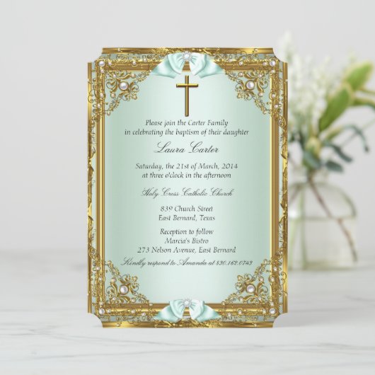 Mint Gold Pearl Damask Cross Taufen Christening 2 Einladung (Stehend Vorderseite)