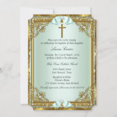 Mint Gold Pearl Damask Cross Taufen Christening 2 Einladung (Vorderseite)