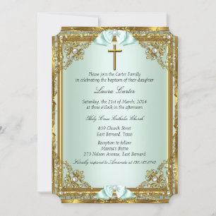 Mint Gold Pearl Damask Cross Taufen Christening 2 Einladung
