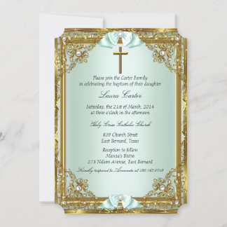 Mint Gold Pearl Damask Cross Taufen Christening 2 Einladung